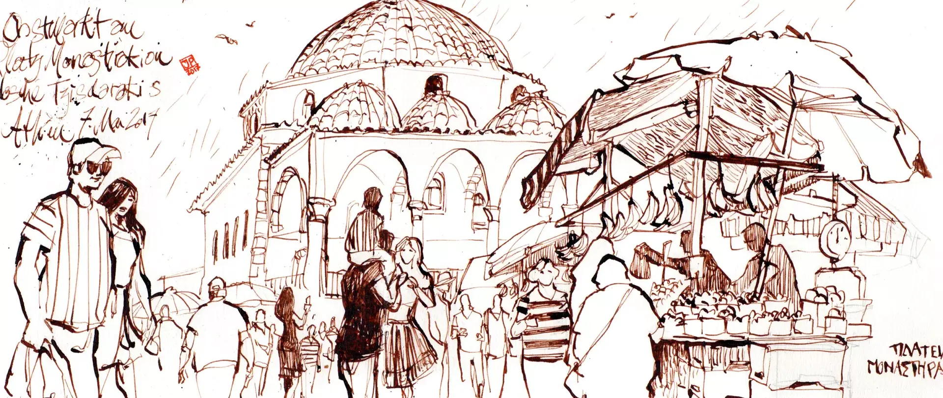 Marktszene mit Menschen und Ständen vor historischer Kuppel, gezeichnet von Jan Philipp Schwarz in lebhafter Linienführung und feinen Details