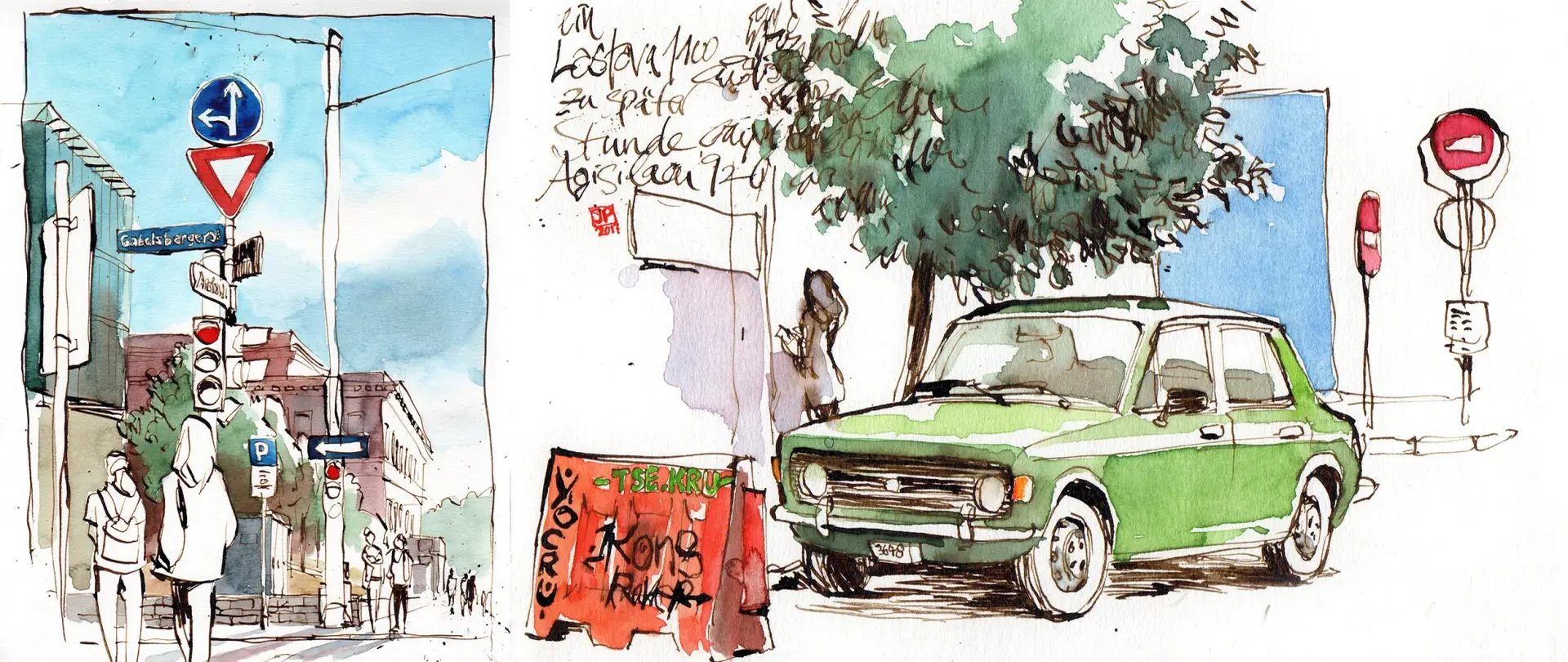 Bunte Urban Sketching Illustration einer Straßenecke in Potsdam mit Passanten, Verkehrsschildern und einem geparkten grünen Auto unter einem Baum