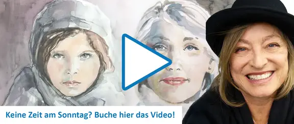 Wasserfarbportraits von jungem Mädchen und älterer Frau sowie lächelnde Kursleiterin Brigitte Guhle mit Ankündigung zur Buchung der Aquarell-Portrait-Aufzeichnung