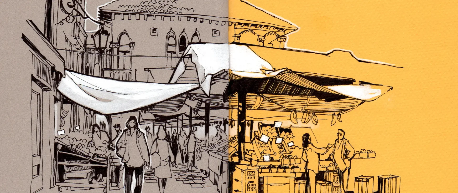 Halb gezeichnete Straßenszene in Überlingen mit Marktständen und Spaziergängern, halb farbige Illustration im Urban Sketching Stil