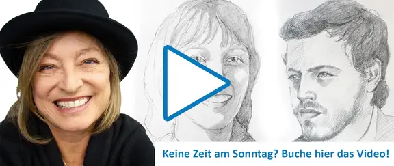 Lächelnde Brigitte Guhle neben Bleistiftportraits eines Mannes und einer Frau mit Abspiel-Icon und Hinweis auf Kompaktkurs Portraitzeichnen als Video-Aufzeichnung