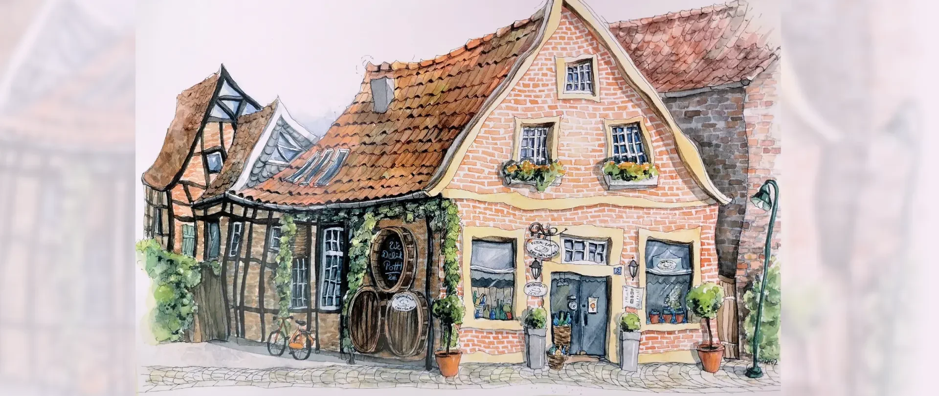 Idyllisches Fachwerkhaus mit roten Dachziegeln und blumengeschmückten Fenstern, gezeichnet im Aquarellstil als Teil des Kurses "Mit dem Skizzenbuch Föhr entdecken"