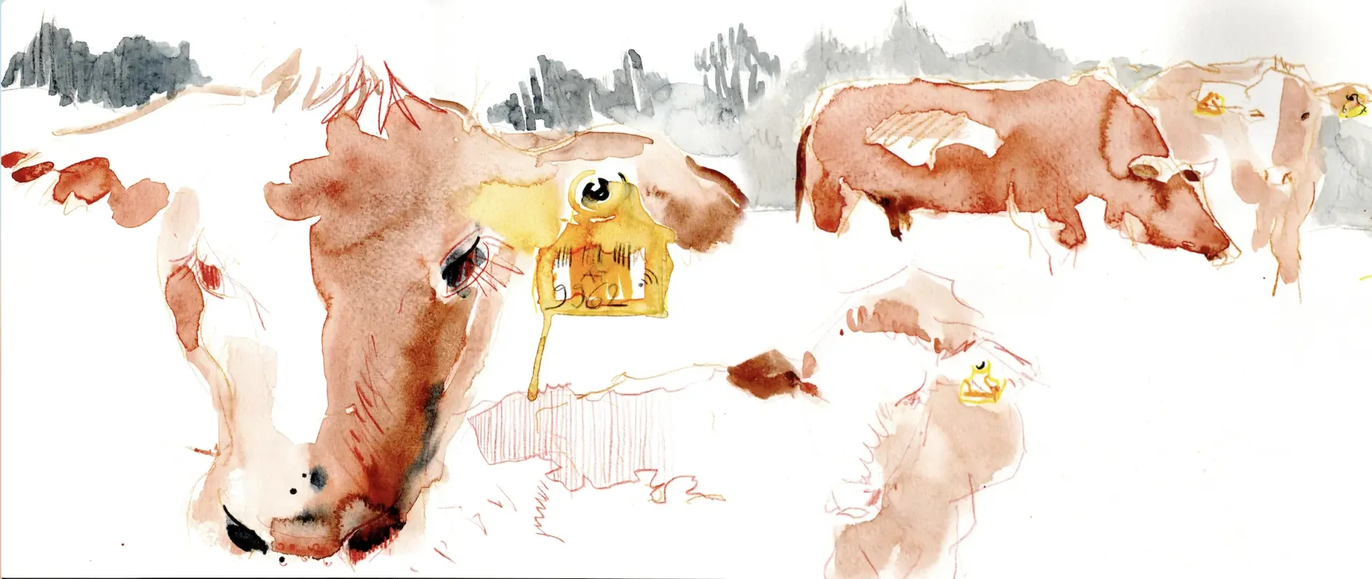 Aquarellzeichnung von Kühen in einer malerischen Allgäuer Landschaft als Inspiration für das Skizzieren und Malen im Skizzenbuchkurs