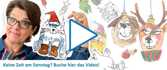 Frau mit Brille zeigt gezeichnete Weihnachtstiere