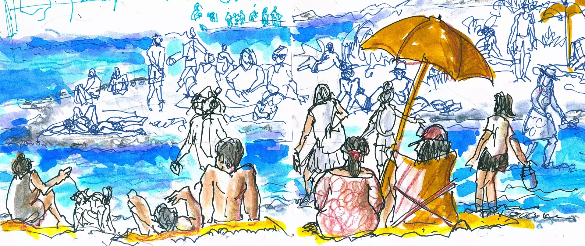 Sommerliche Strand-Szene mit vielen Menschen die den Sommertag genießen, gezeichnet von Anette Leutloff - Dozentin von artistravel