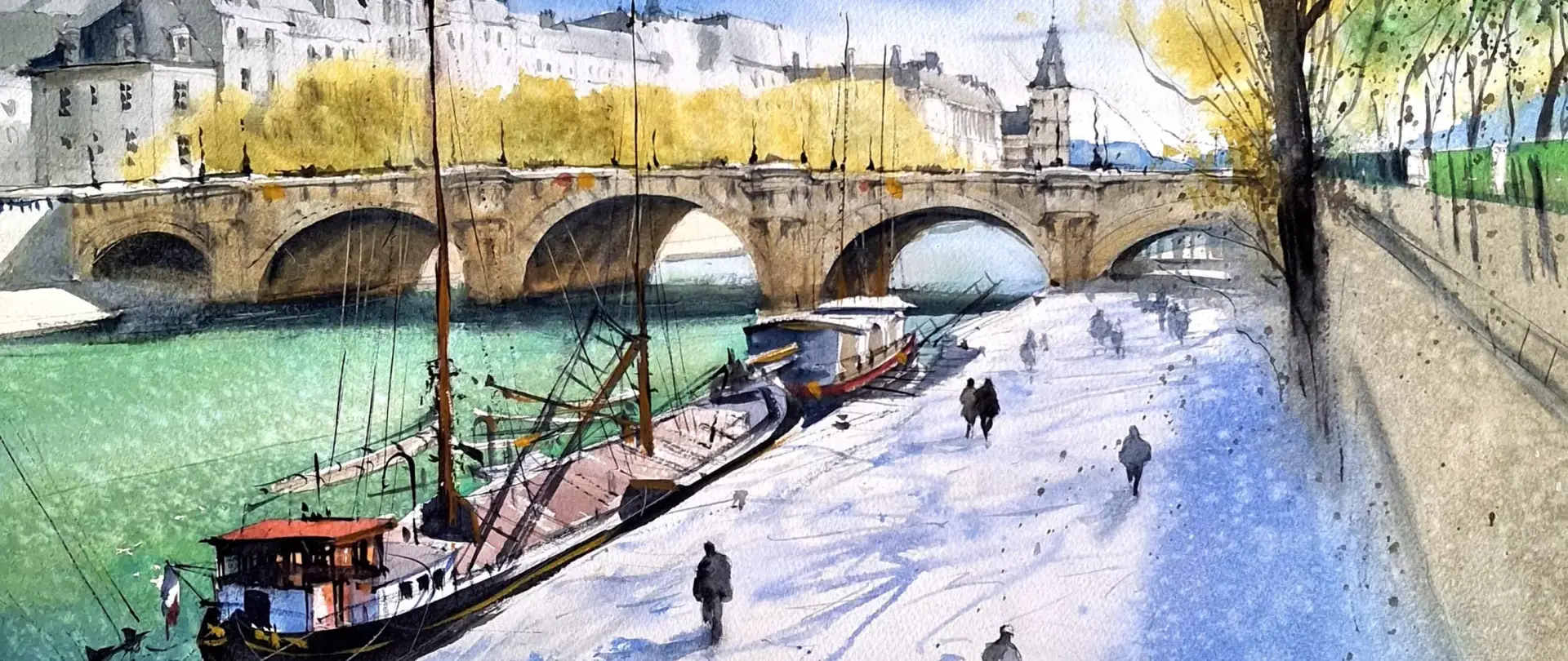 Aquarellansicht der Pont Neuf Brücke über die Seine mit Booten und Spaziergängern in Paris