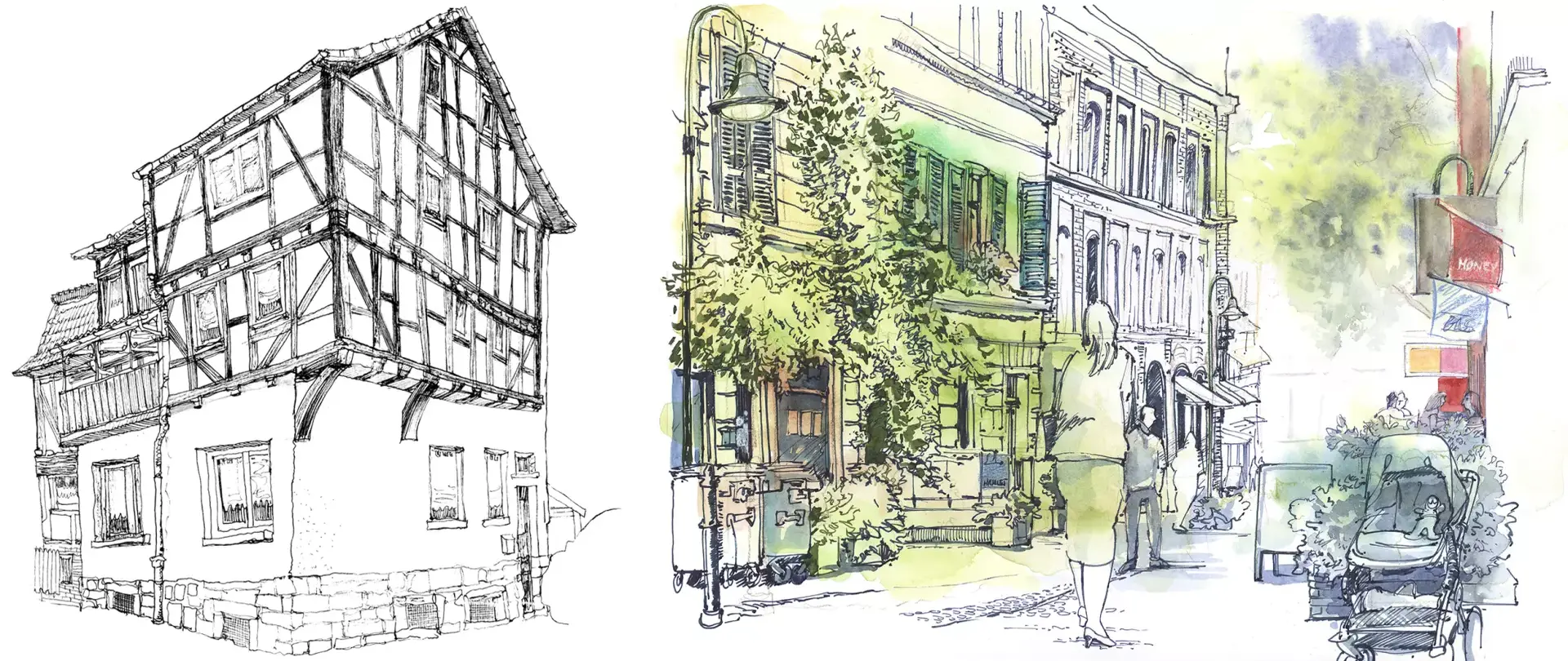 Urban Sketching Zeichnung eines Fachwerkhauses und einer grünen Häuserfassade, erstellt von Katja Rosenberg - Dozentin bei artistravel