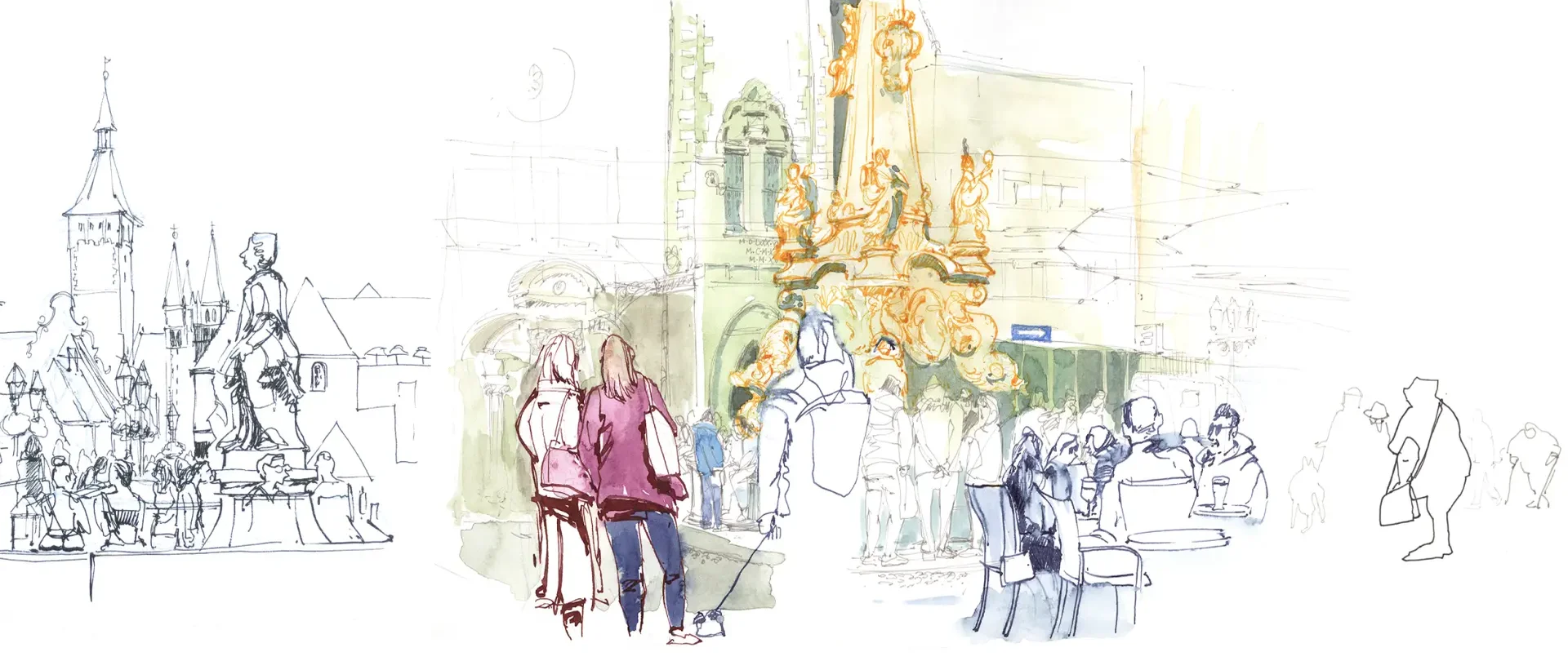 Wien Rosenberg Skizze lebendiger Stadtszenen mit Menschen, Architektur und urbaner Atmosphäre, die typische Momente in der Stadt kunstvoll einfängt