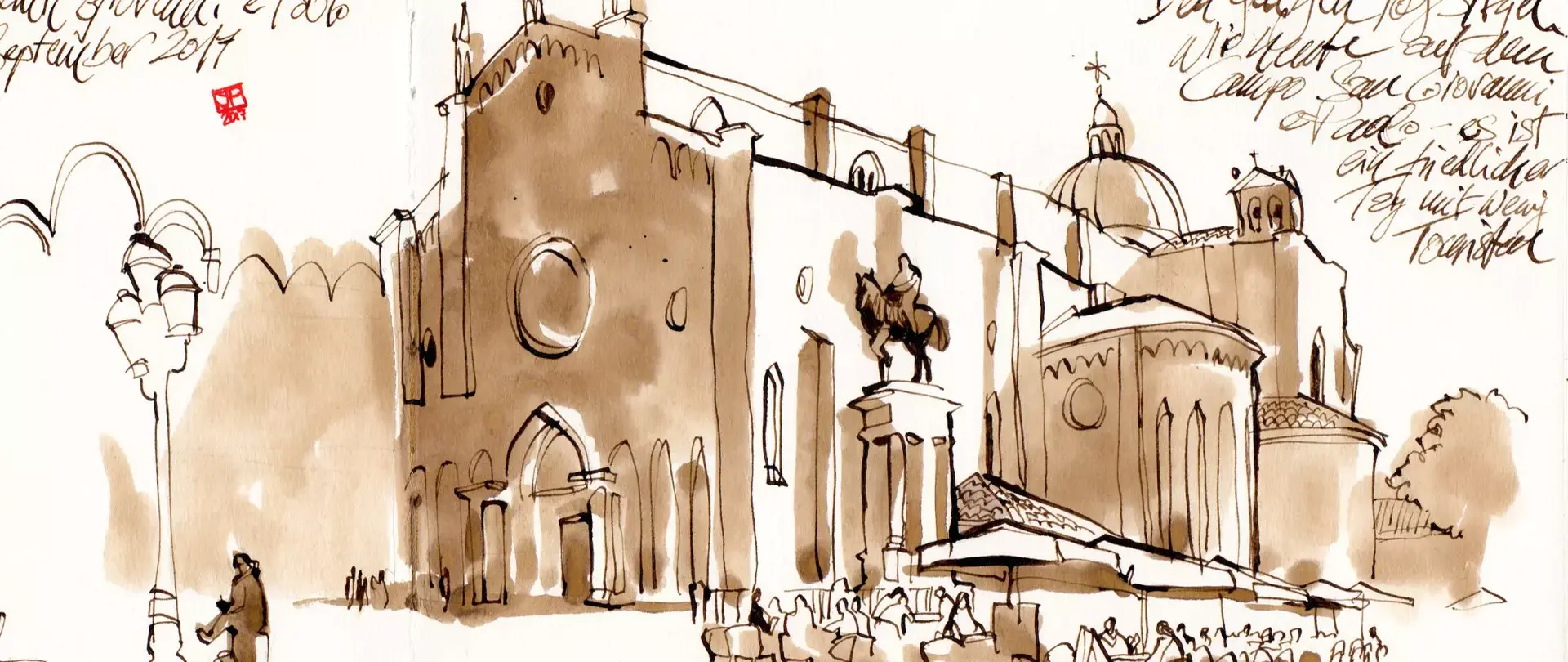 Urban Sketching einer historischen Kirche in Venedig mit Kuppel und Statue, handschriftliche Notizen umgeben die Zeichnung erstellt von artistravel Dozent Jan Philipp Schwarz