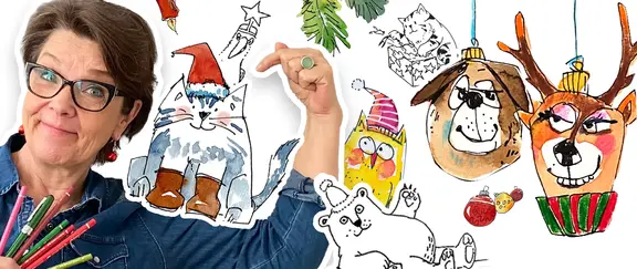 Frau mit Buntstiften präsentiert Weihnachtstiere