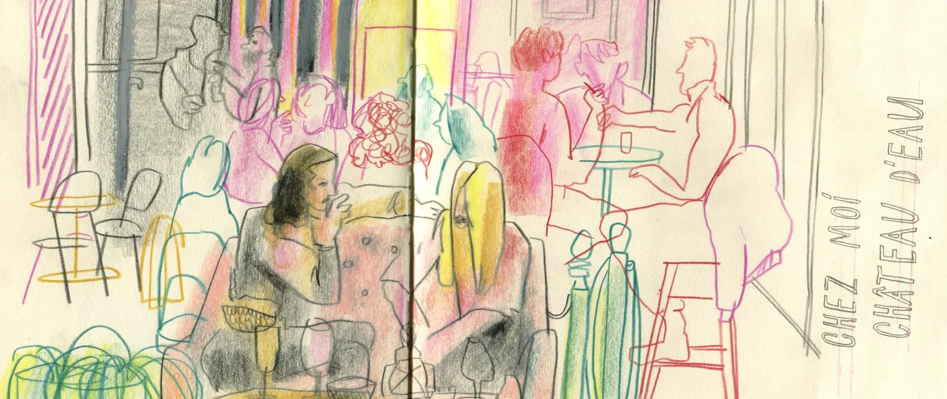 Bunte Skizzenzeichnung von Menschen in einem Pariser Café, die die lebendige Atmosphäre und den persönlichen Blick auf Paris im Skizzenbuchstil einfängt
