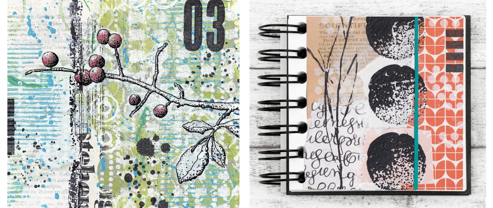 image0 Mixed Media Art Journaling mit abstrakten Collagen aus Farben, Formen, Schrift und Zeichnungen in einem spiralförmigen Skizzenbuch und losen Kunstpapieren
