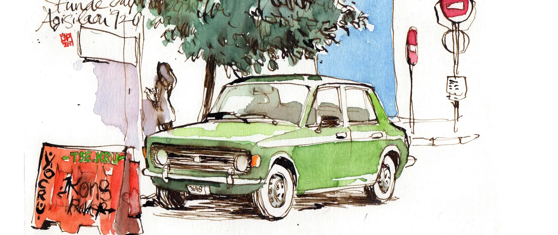 m werk Jan Philipp Schwarz 2026 Artistravel JPSchwarz Bamberg Grüne Limousine steht unter einem Baum an einer Straßenecke, urbaner Skizzenstil mit lebendigen Linien und Farben, beispielhafte Übung für Urban Sketching-Kurs