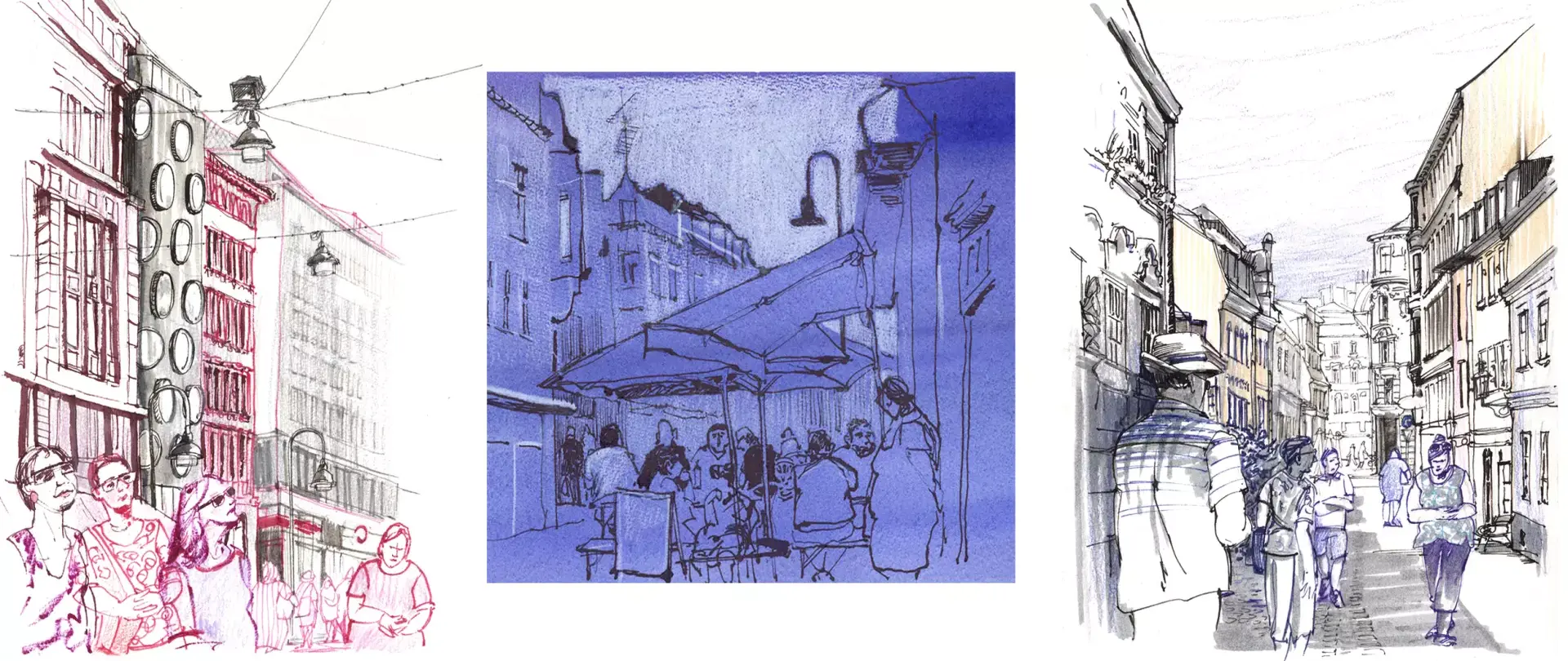 Urban Sketching Collage von ruralen Skizzen in Wien, vollen Fußgängerzonen und Cafés.