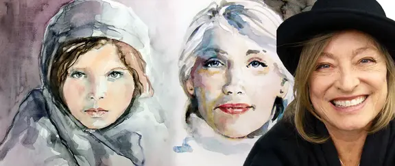 Aquarell-Portraits von zwei Frauen unterschiedlicher Altersstufen und eine lächelnde Brigitte Guhle mit Hut, die den Kurs "Portrait in Aquarell" repräsentiert