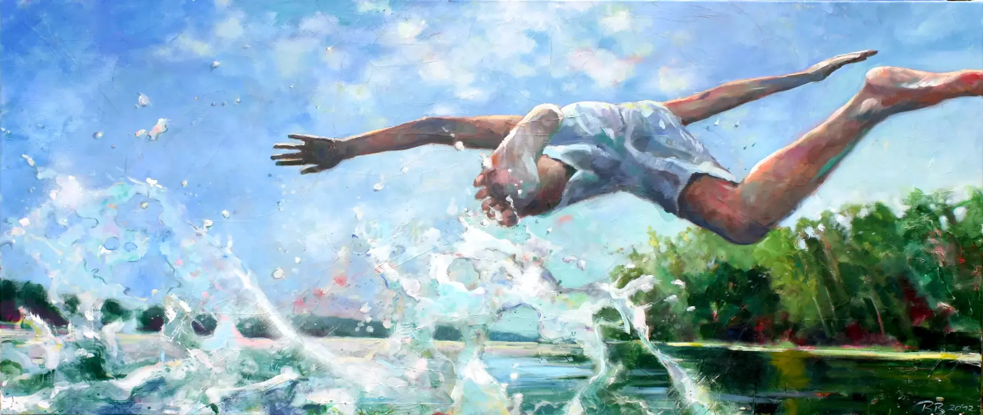 Acrylbild mit einem Jungen, der kopfüber in einen See springt, erstellt von Bettina Bülow-Böll – Dozentin bei artistravel