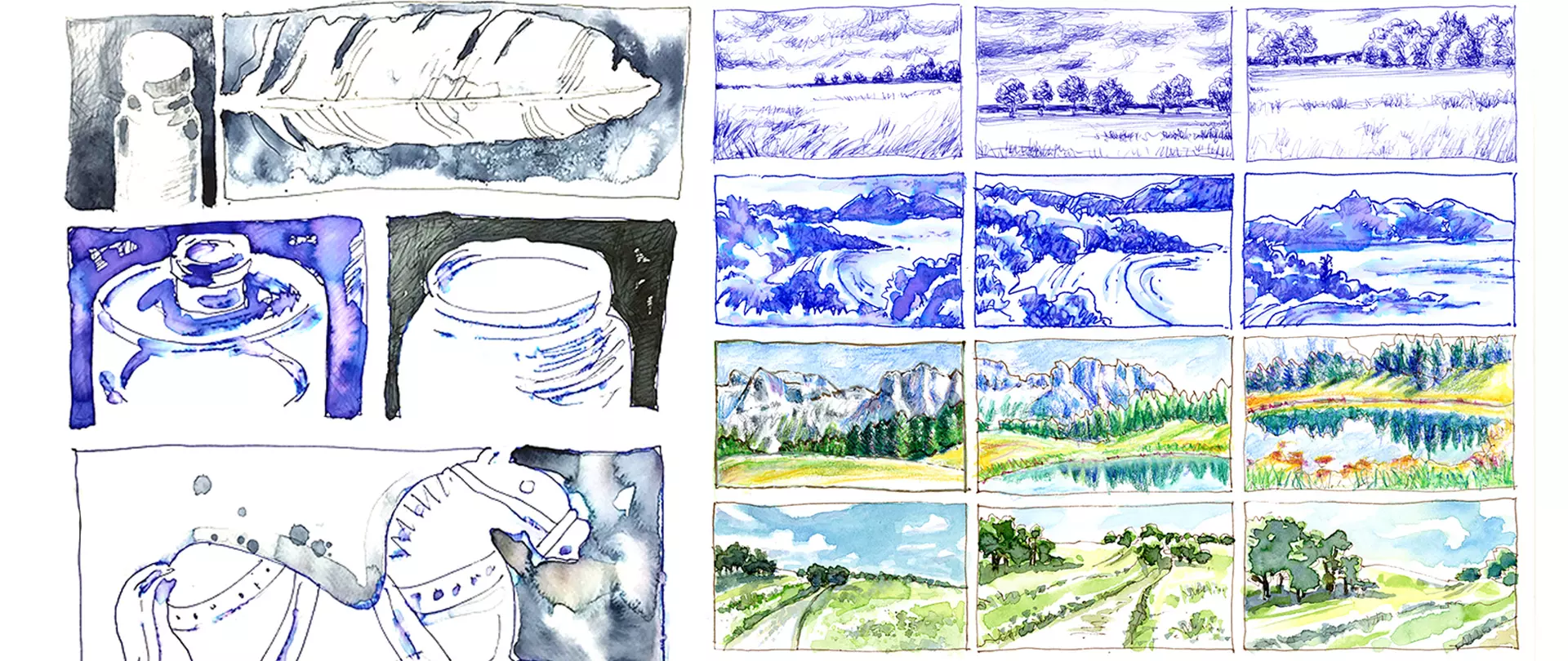 Skizzenbuchseiten mit kleinen Panels, die detailreiche Zeichnungen von Feder, Gefäß, Pferd und verschiedenen Landschaften in Schwarz-Weiß und Farbe zeigen