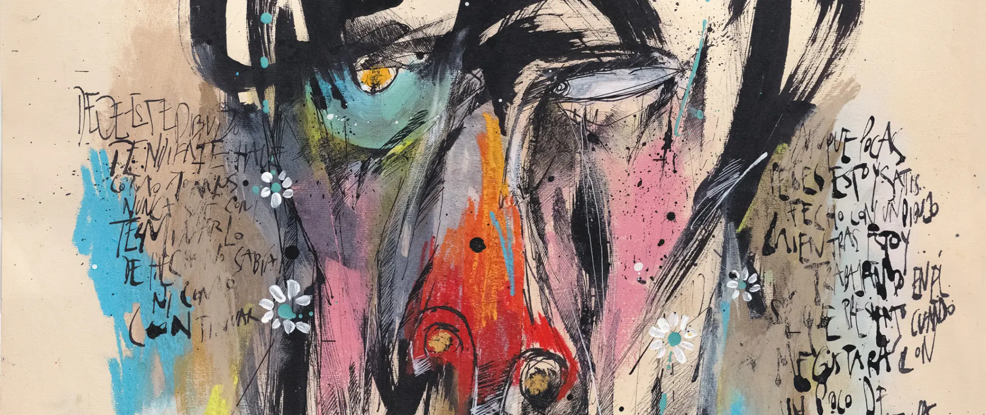 Abstraktes Mixed-Media-Kunstwerk mit expressiven Farben, improvisierten Linien und Schriftfragmenten, das kreative Zeichentechniken und persönliche Ausdrucksformen visualisiert