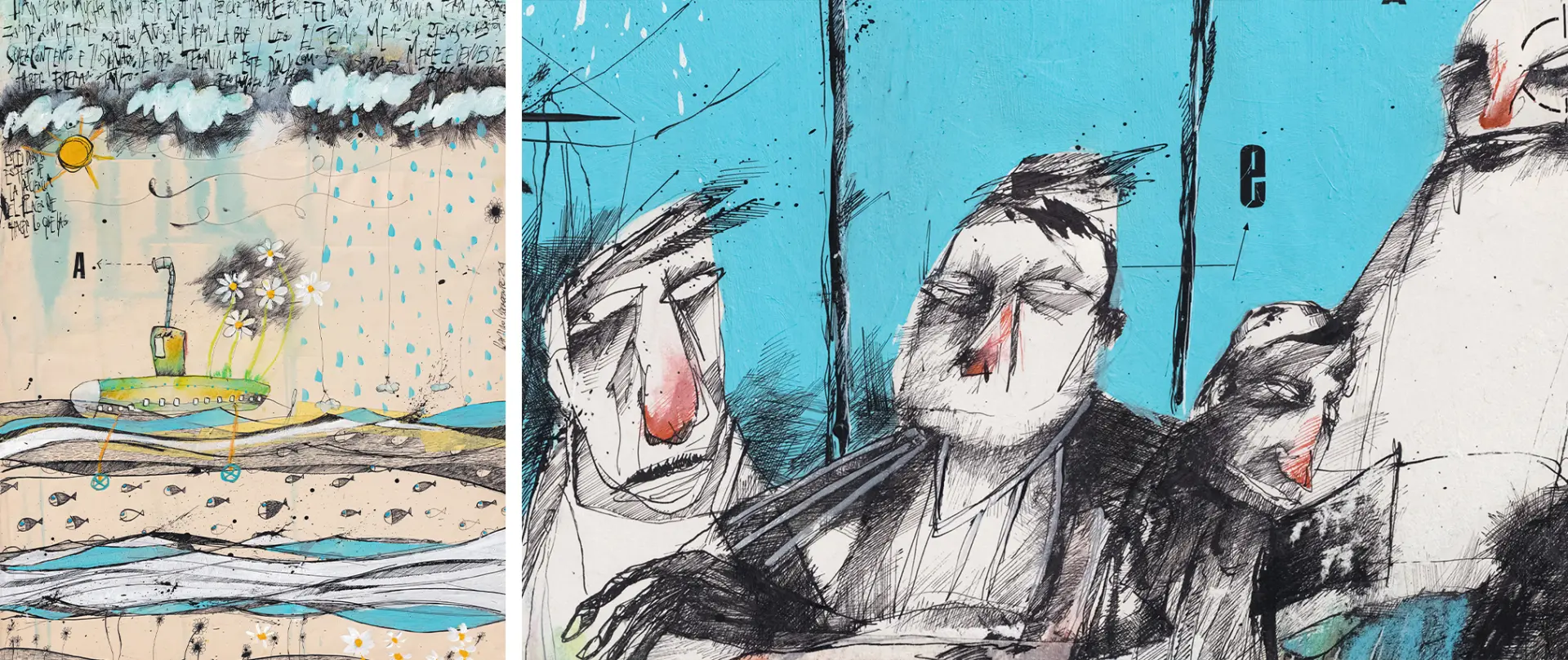 Abstrakte Mixed-Media-Zeichnungen mit expressiven Figuren und kreativen Formen, die Improvisation und persönliche Ausdruckskraft im Kurs Creative Drawing in Barcelona vermitteln