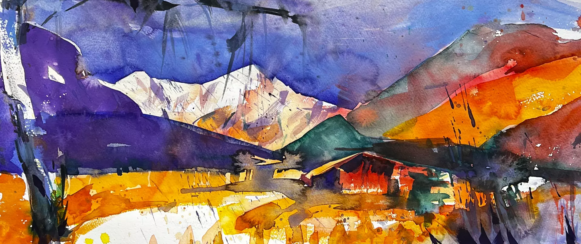Expressive Aquarelllandschaft im Blauen Land mit leuchtenden Farben, Bergen und Hütten, die lockeren Farbauftrag und Stimmung kunstvoll vermitteln