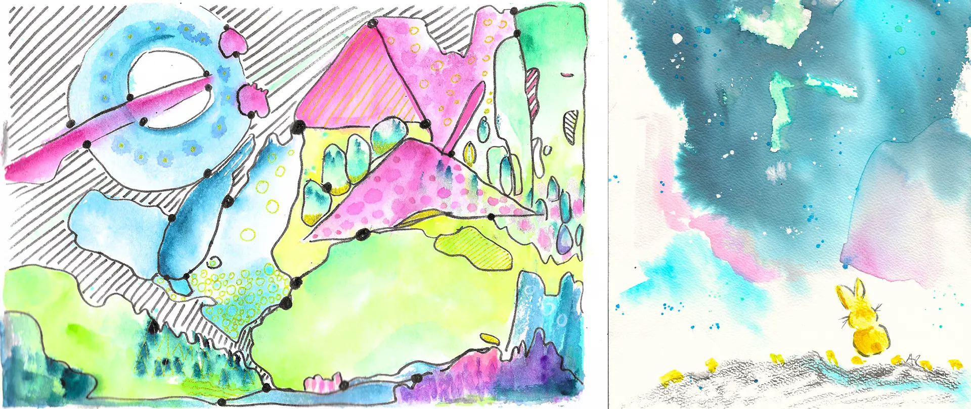 Bunte Aquarellzeichnung mit einem abstrakten Haus links und einem kleinen gelben Hasen, der unter einem farbigen Himmel sitzt, symbolisiert Kreativität und Ruhe in der Kunsttherapie