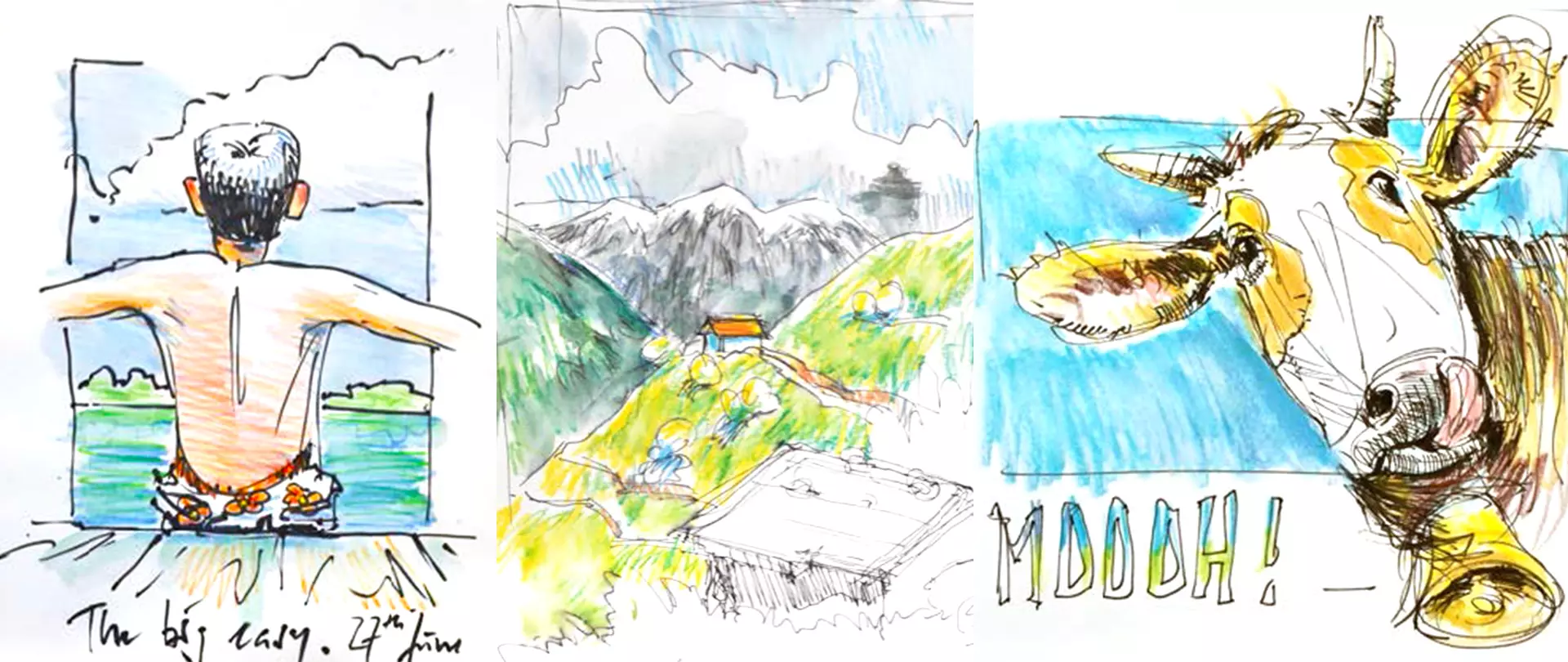 Drei Skizzen: Mann mit offenem Rücken am Wasser, Berglandschaft mit Hütte und See, Kuh mit Glocke und Schriftzug 'MOOOH!', Urban Sketching, Zeichnen erstellt von artistravel Dozent Sebastian Gothe