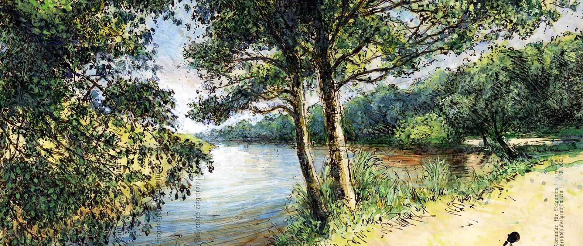 Flussufer mit Bäumen und Weg vor malerischer Landschaft, die Architektur und Natur in urbaner und ländlicher Umgebung verbindet