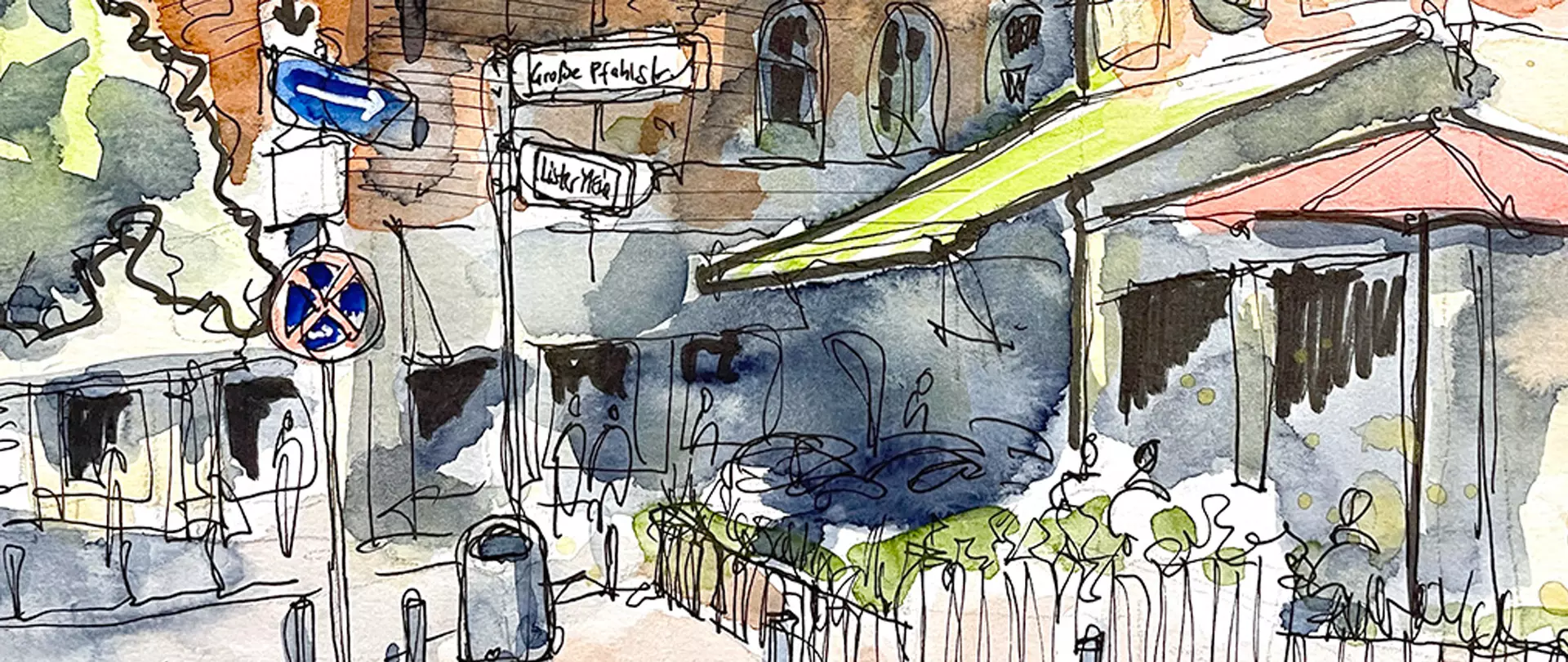 Aquarellzeichnung einer Straßenszene mit Häusern, Wegweisern, Pflanzen und urbaner Staffage für Urban Sketching