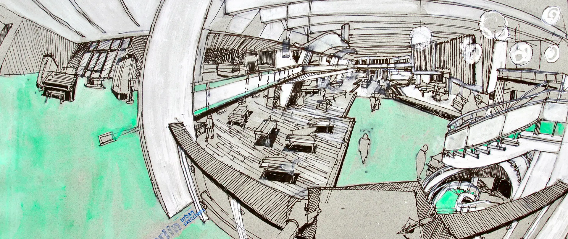 Skizze eines großzügigen Innenraums mit Fisheye-Perspektive, die verzerrte, neue Blickwinkel auf Möblierung und Raumgestaltung zeigt