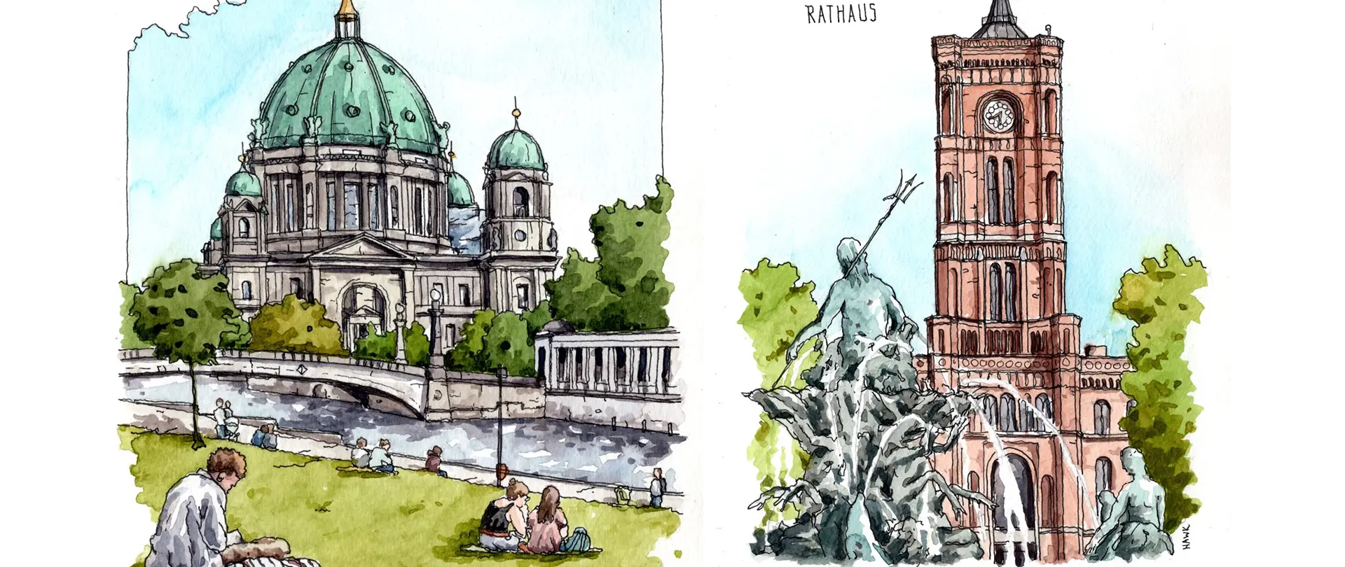 Zeichnung zweier Stadtszenen mit Aquarell, eine zeigt eine Kuppelkirche am Fluss, die andere einen historischen Wasserturm mit Brunnen im Vordergrund