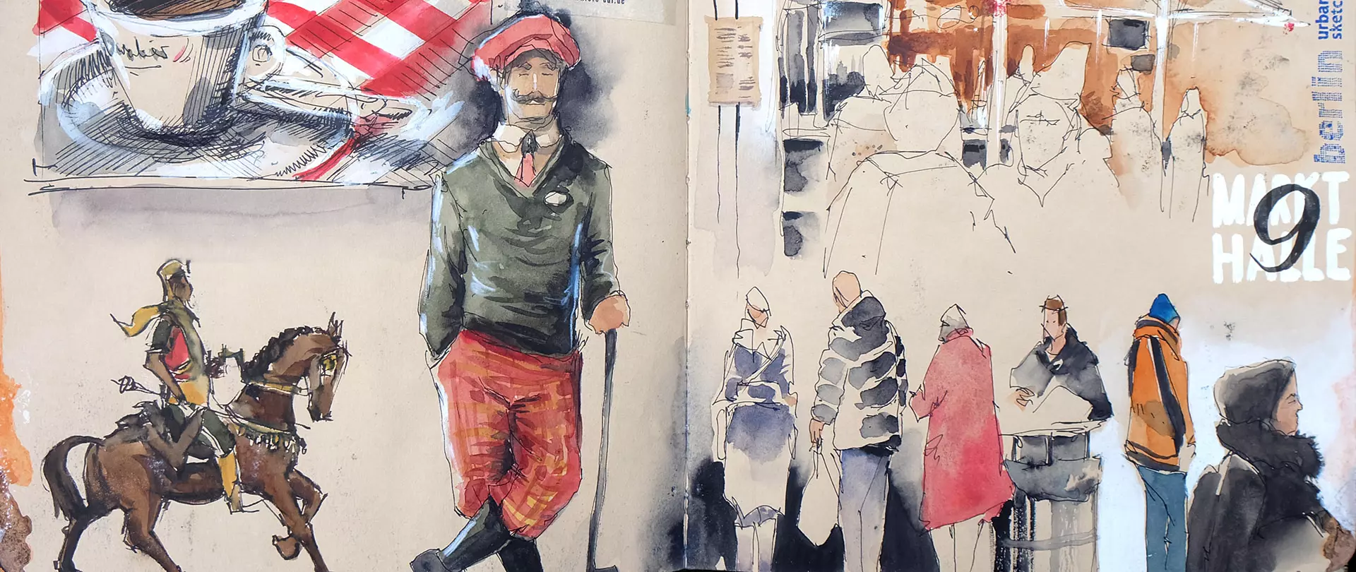 Skizze urbaner Szenen mit lebhaften Figuren, darunter Reiter, Spaziergänger und Menschen in bunten Kleidern, dynamisch und frei gezeichnet