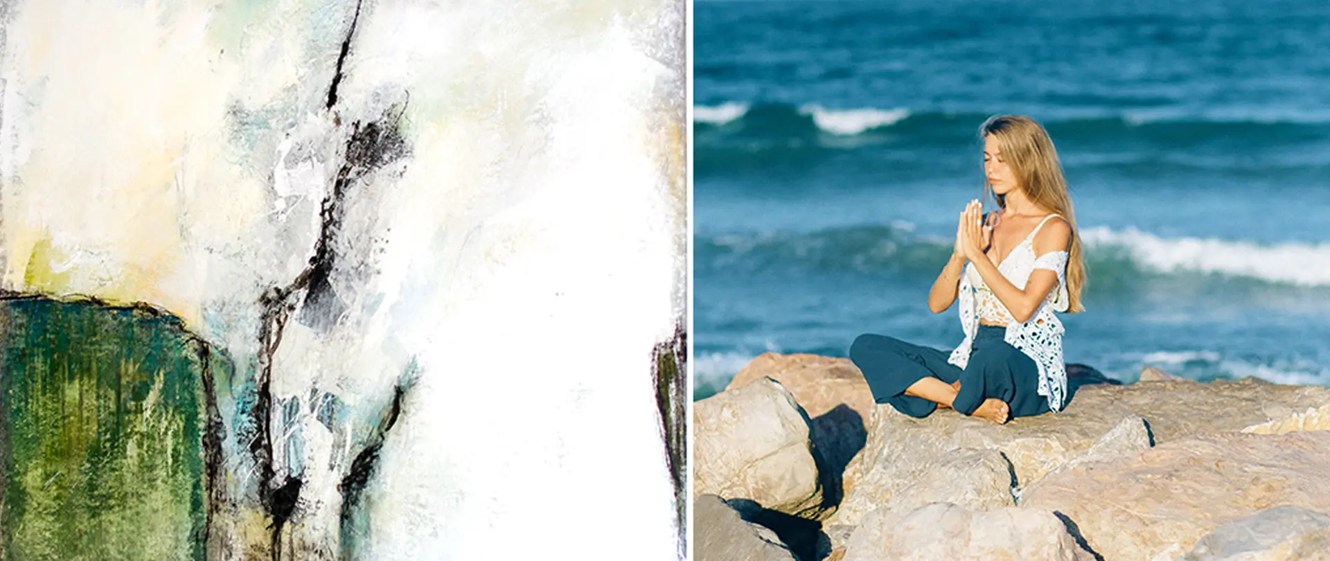 Links abstrakte Malerei mit hellen und dunklen Strukturen, rechts Frau meditiert entspannt auf Felsen am Meer bei schönem Wetter
