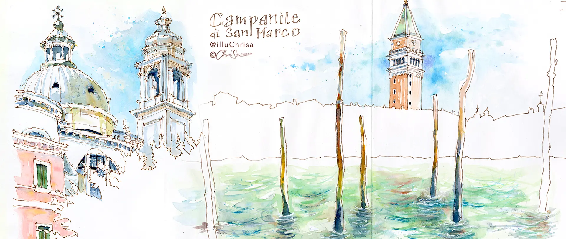Aquarellskizze von Venedig mit Campanile di San Marco, Kirchturmkuppeln und Holzpfosten im Wasser, ideal für einen Zeichenkurs über Venedig