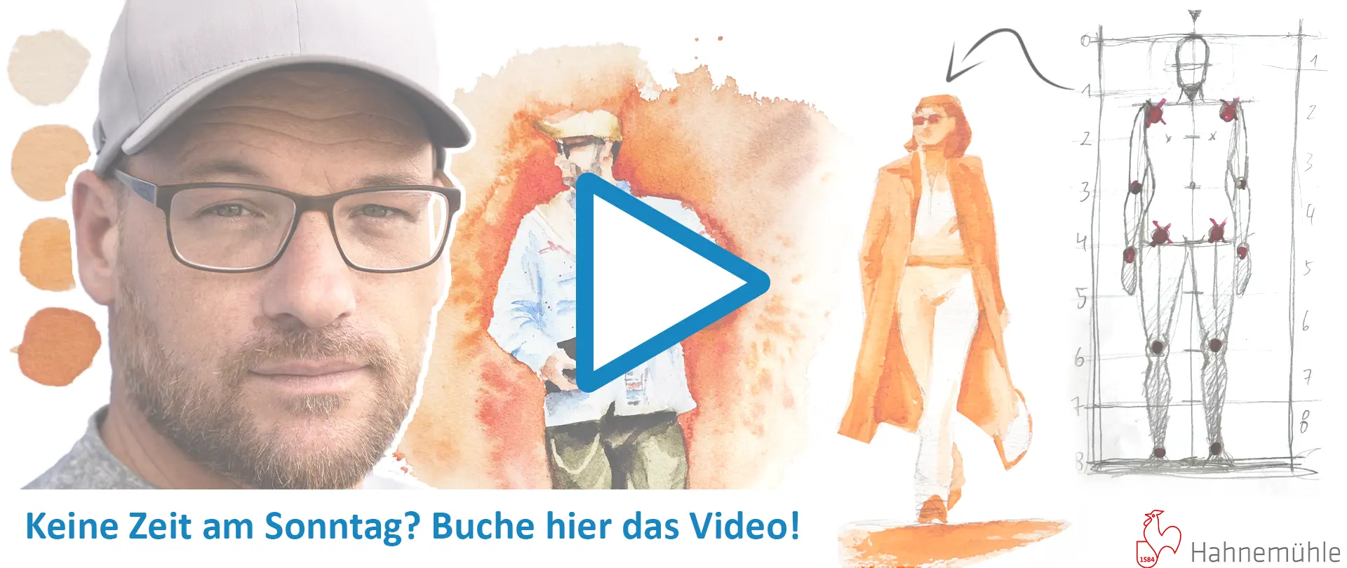 Mann mit Cap und Brille, Skizzen von Menschenfiguren und Schriftzug zum verlängerten Kompaktkurs "Einführung ins Figuren-Sketching" bei Hahnemühle