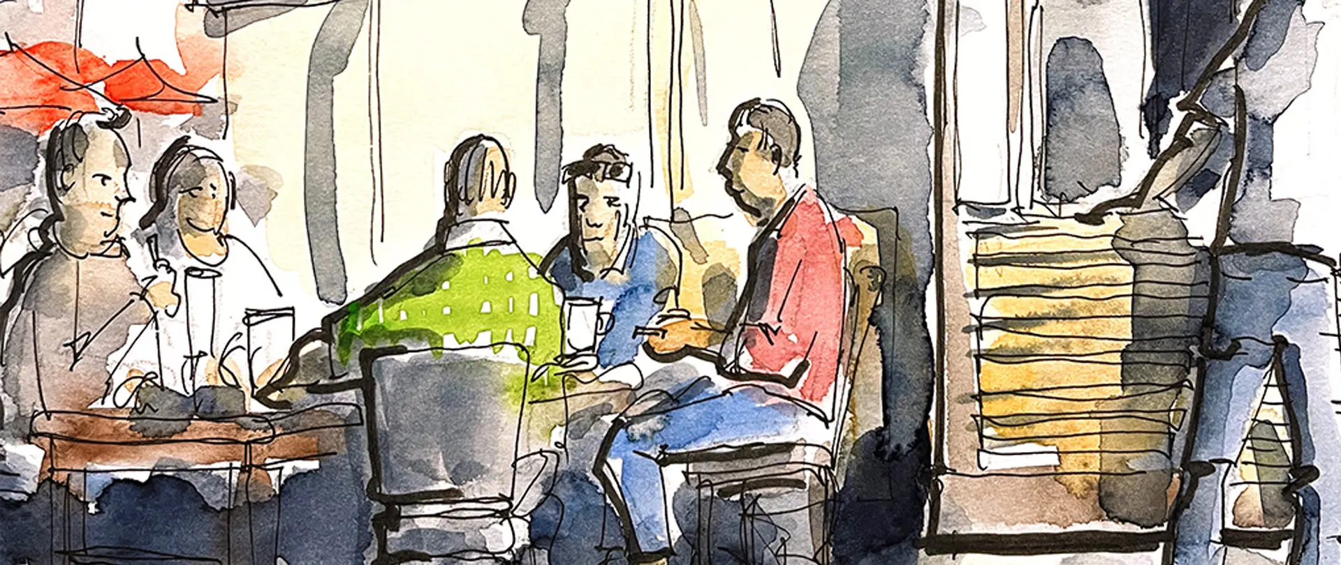 Menschen sitzen in einer urbanen Café-Szene, zeichnen und beobachten sich gegenseitig im Kurs "After Work: Menschen und Menschengruppen im Urban Sketching"