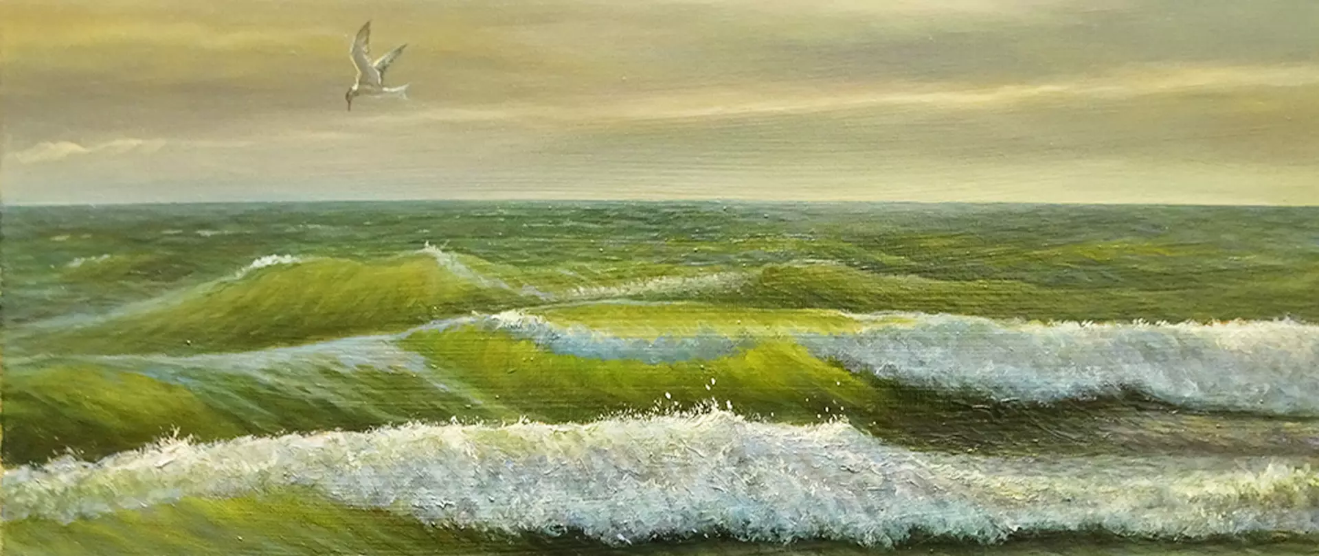 Acryl-Öl-Gemälde mit grünen Wellen und einer fliegenden Möwe über dem Meer erstellt von artistravel Dozent Claus Rabba