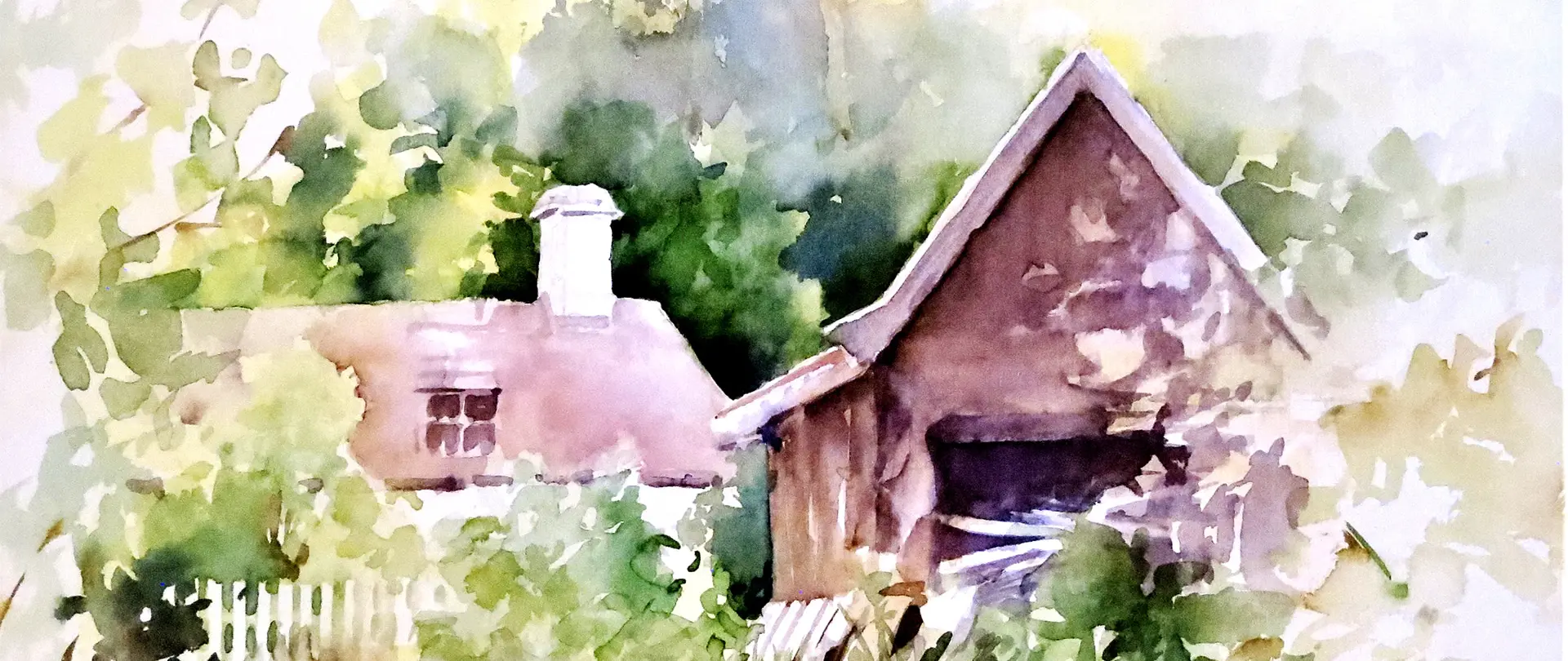 Aquarellmalerei einer ländlichen Szene mit zwei Häusern, üppigem Grün und sanften Lichtreflexen in impressionistischem Stil