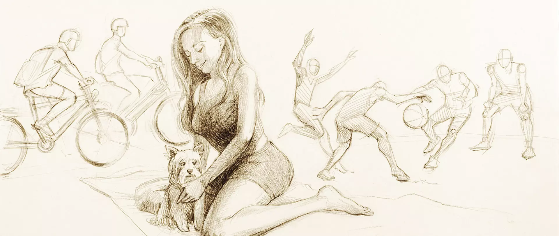 Frau skizziert mit Hund im Vordergrund, im Hintergrund Menschen in verschiedenen Bewegungen und Posen, die Grundlagen der Figurenzeichnung zeigen