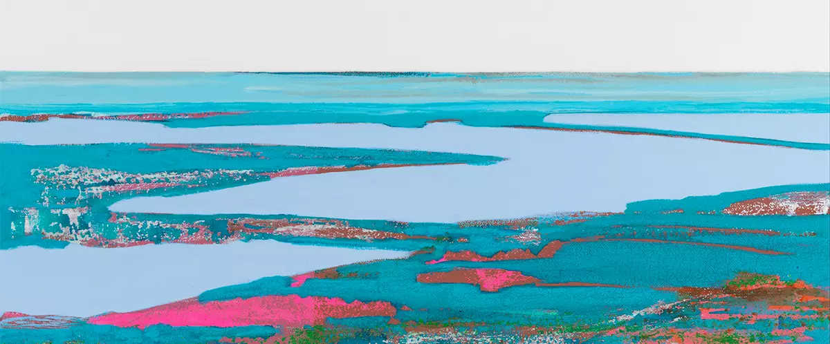 Abstraktes Acrylgemälde mit fließenden blauen, grünen und roten Farbfeldern erstellt von artistravel Dozentin Susanne Maurer