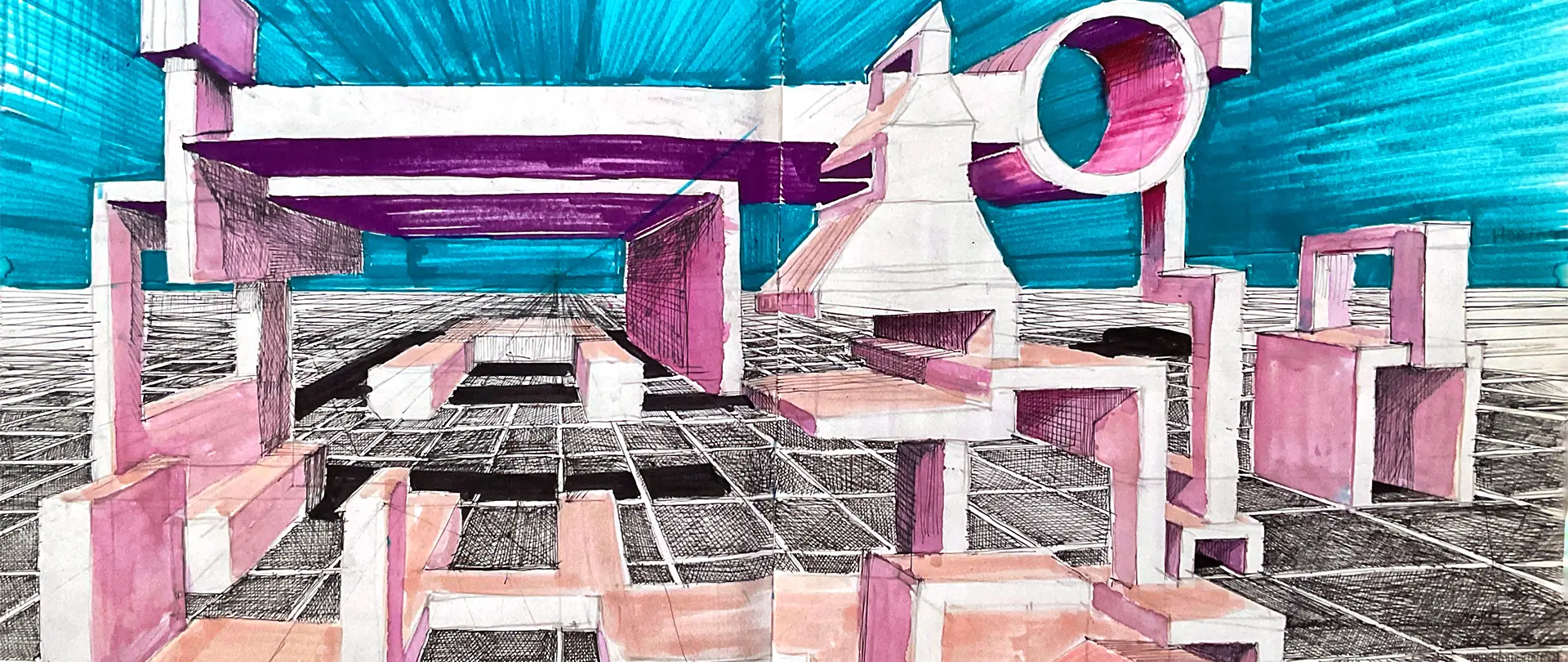 Skizze eines urbanen, architektonischen Raums mit zentralperspektivischer Linienführung und farbigen Strukturen in Blau, Rosa und Schwarz