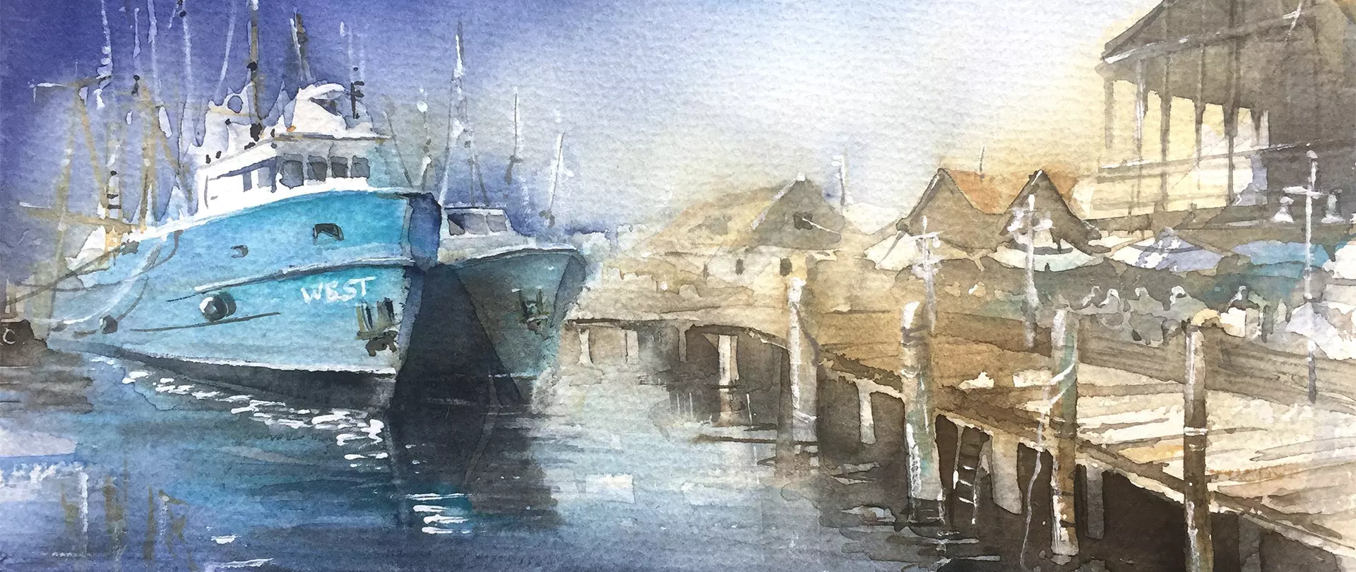 Stimmungsvolles Aquarell mit blauen Booten am Hafen und einem beleuchteten Steg, das Licht- und Schattenwirkung sowie atmosphärische Stimmung vermittelt