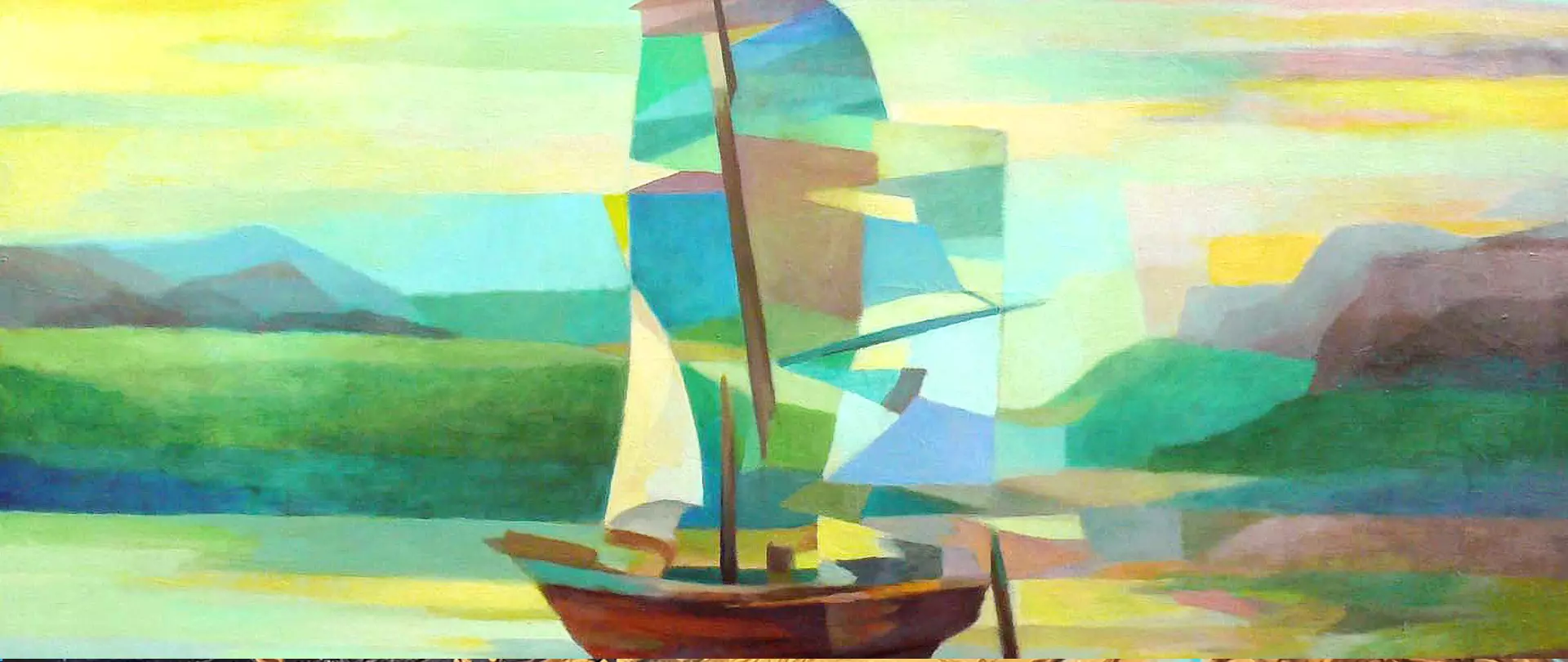 Ölgemälde eines Segelboots auf ruhigem Wasser vor grünen Hügeln und Bergen im Hintergrund erstellt von artistravel Dozent. Bernd Finkenwirth