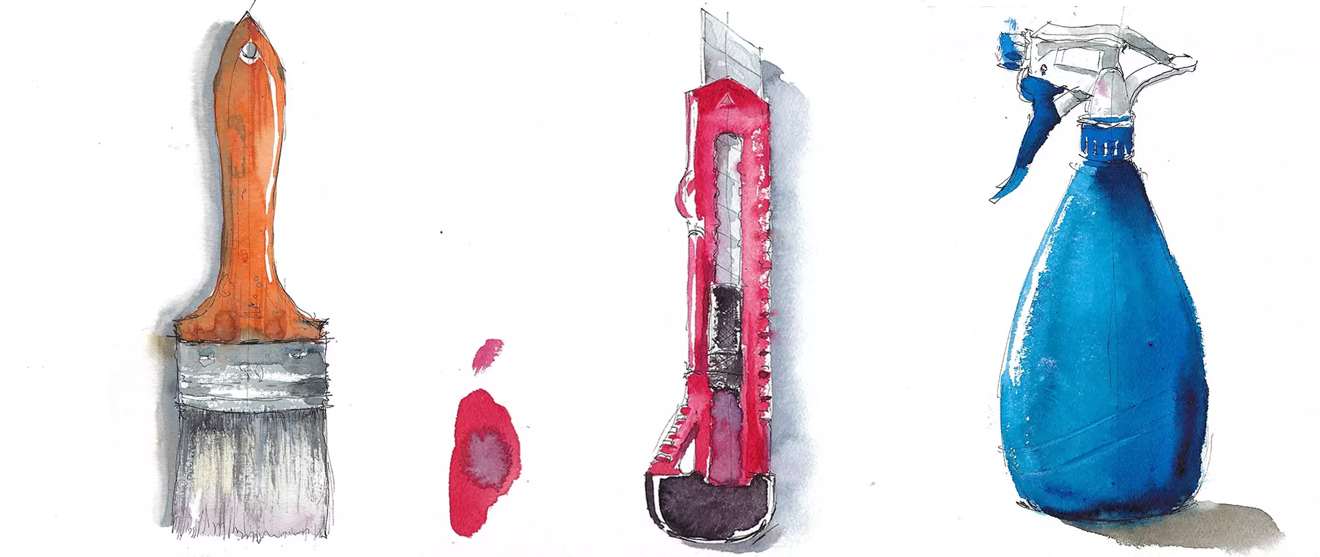 Pinsel, Cutter-Messer und Sprühflasche als Aquarellzeichnungen mit Tipps zum Sketchen und Kolorieren verschiedenster Gegenstände