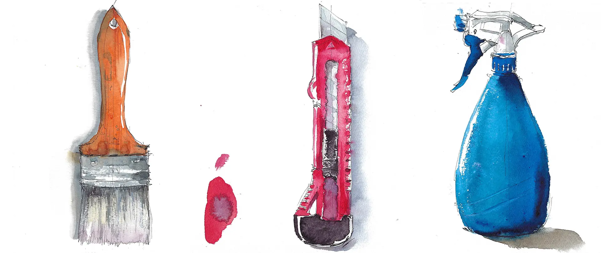 Pinsel, Cutter-Messer und Sprühflasche als Aquarellskizzen mit Farbklecksen, dargestellt im Sketchenkurs für vielfältige Alltagsgegenstände