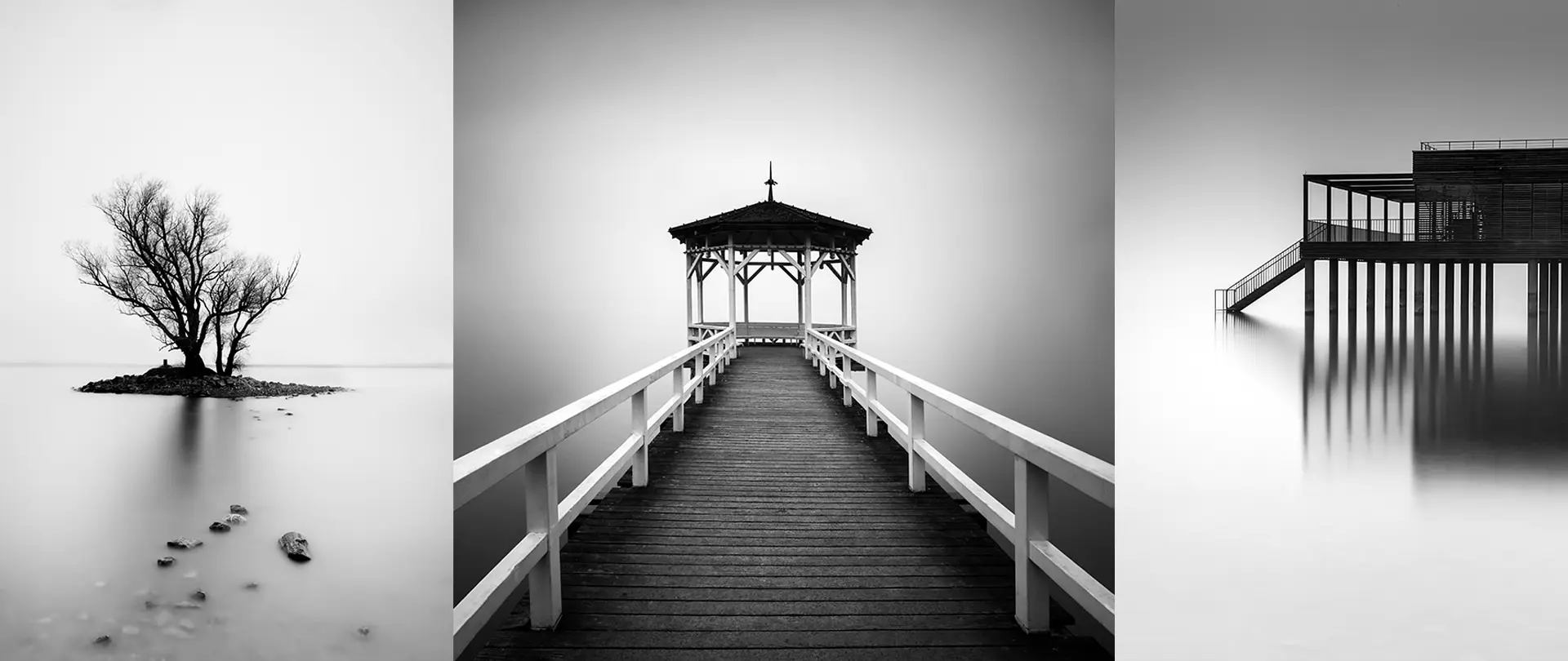 Dreiteilige Schwarz-Weiß-Langzeitaufnahme mit glattem Wasser, einer einsamen Insel, einem Steg zum Pavillon und einem erhöhten Seehaus am Bodensee