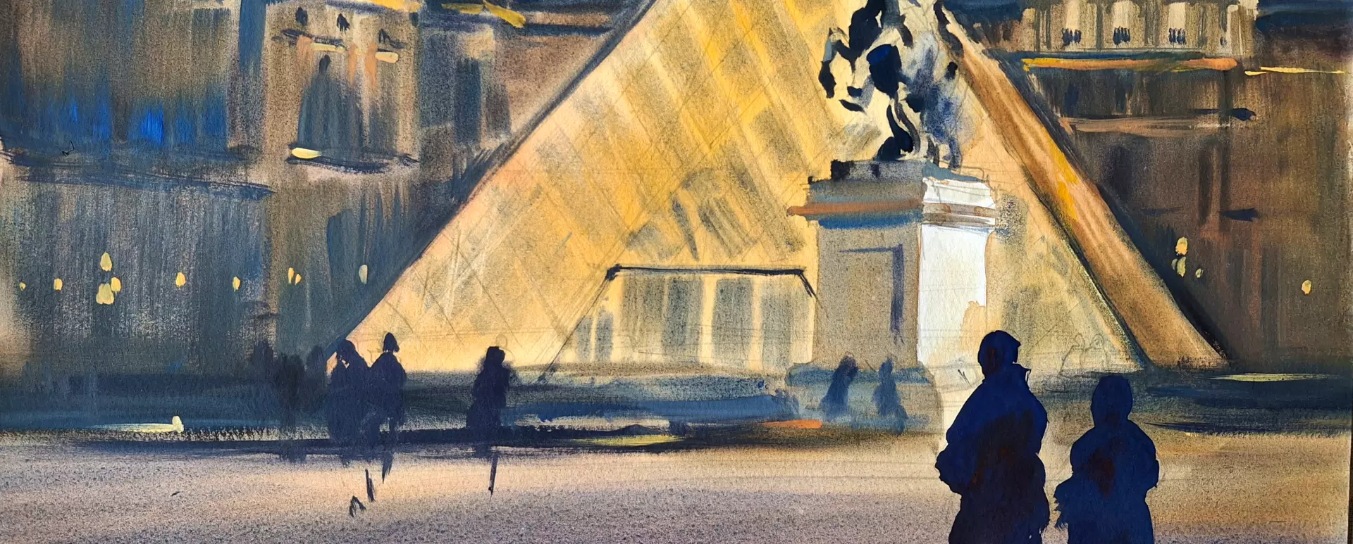 Aquarellgemälde des Louvre mit beleuchteter Glaspyramide bei Nacht in Paris, Frankreich