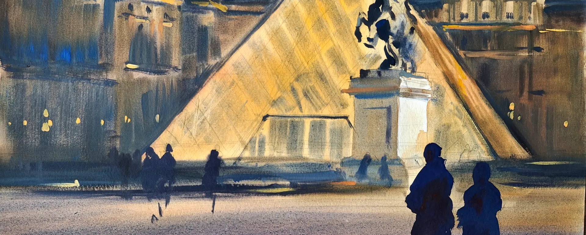 Pyramide und Skulptur vor dem Louvre bei Abendlicht mit Silhouetten von Menschen, stimmungsvolle urban sketching-Landschaft in Paris