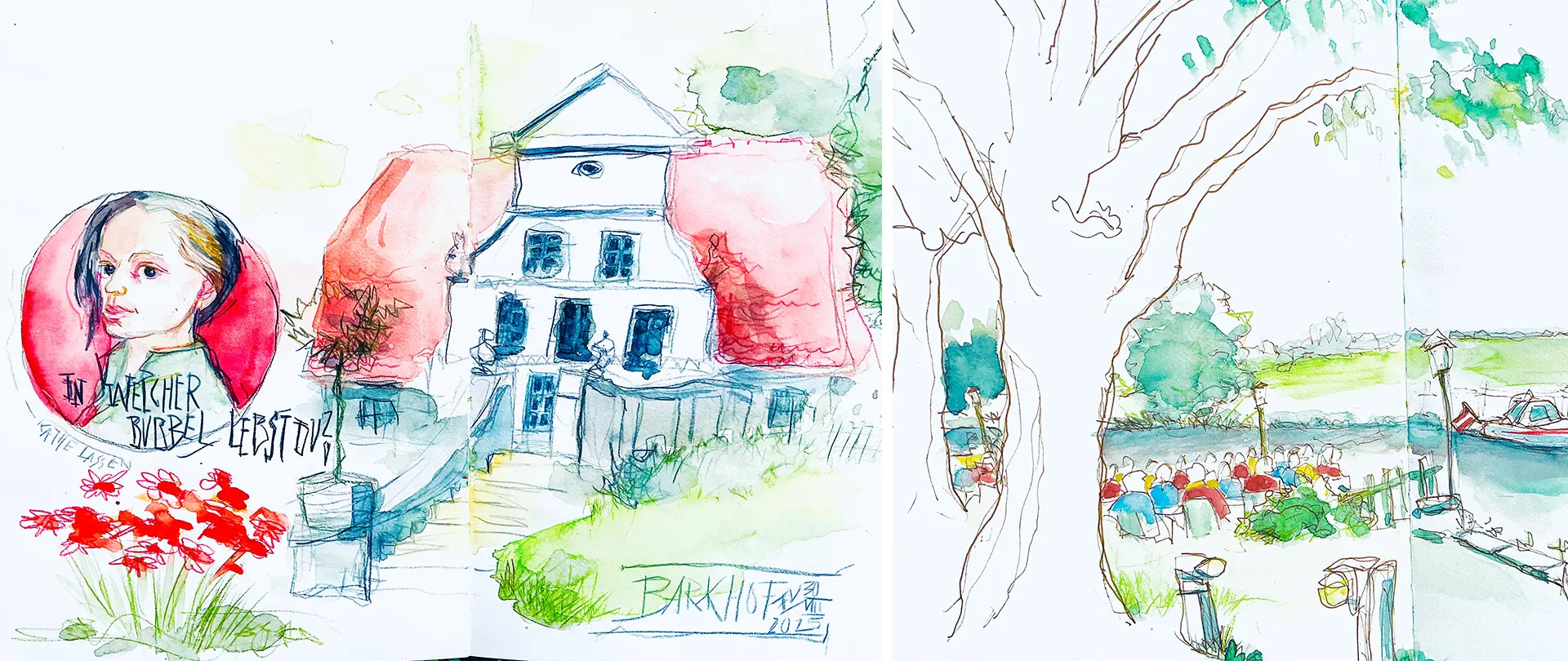Aquarellskizze mit Haus und Porträt, umgeben von roten Blumen sowie Baum und Boot am Wasser, repräsentiert Urban Sketching Workshop in Worpswede im Frühling