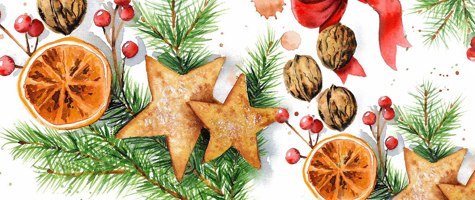 Aquarellmalerei mit weihnachtlichen Motiven wie Tannenzweigen, getrockneten Orangenscheiben, Stern-Plätzchen, Nüssen und roten Beeren in realistischer Darstellung