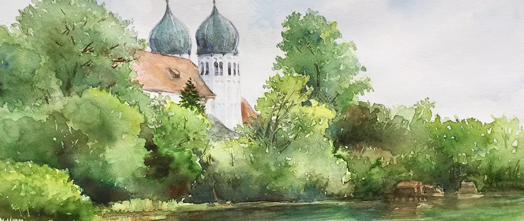 Aquarell einer Landschaft mit grünen Bäumen, einem Fluss und zwei Kirchtürmen mit Zwiebeldächern im Hintergrund erstellt von artistravel Dozent Franz Schwarz